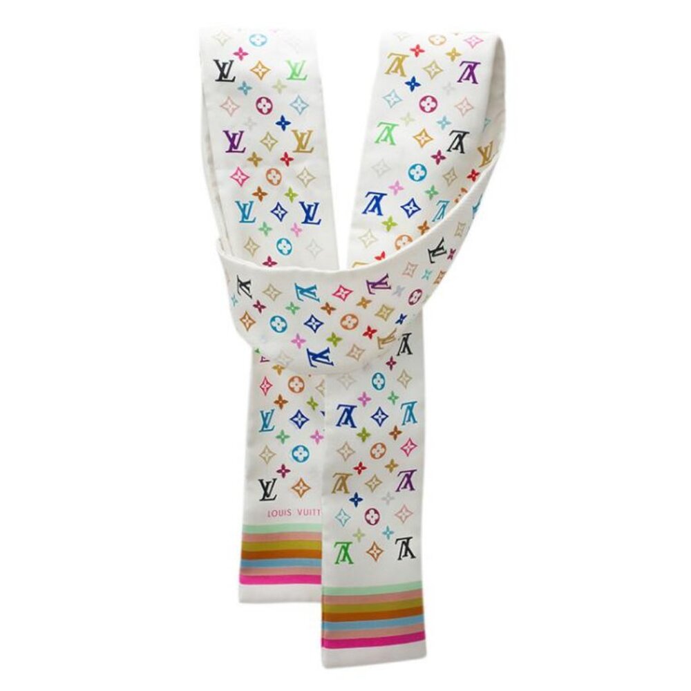 LOUIS VUITTON Vintage LV x Murakami Monogram White Multicolor Bandeau Scarf Silk